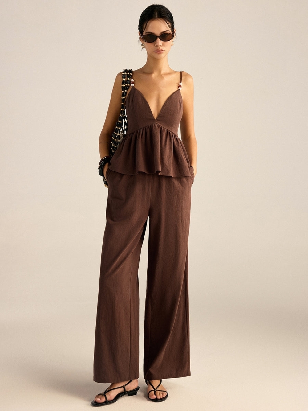 Commense Cotton Peplum Beaded Straps Top and Pants set Medium